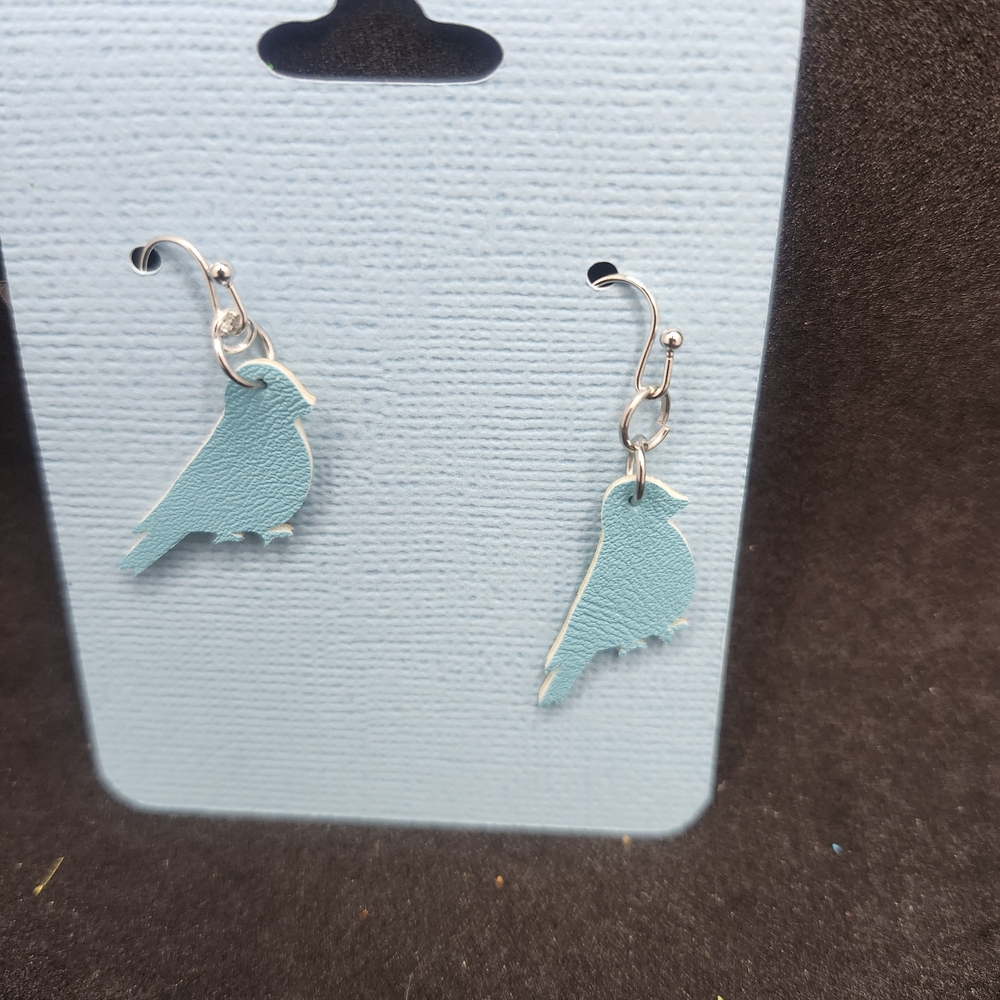 Hand Crafted Blue Bird Faux Leather Dangle Earrings, Lightweight Nature Lover